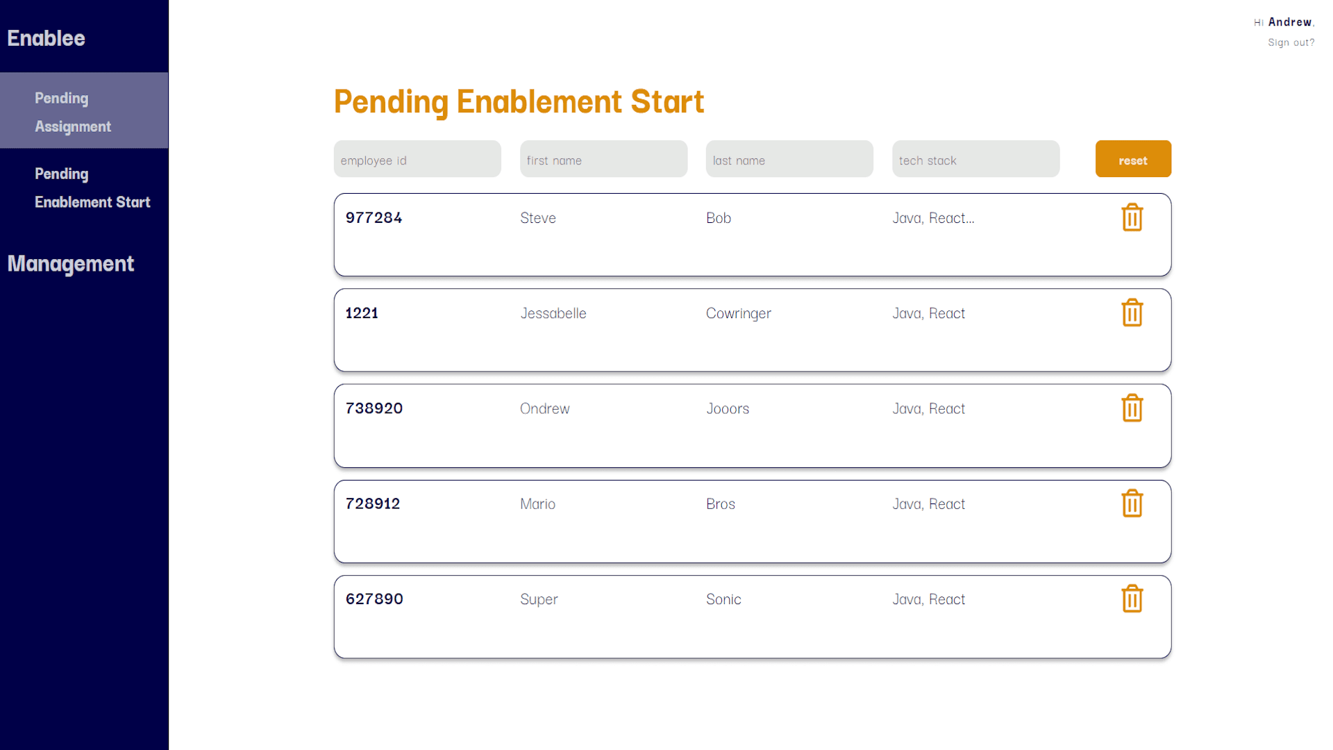 Helped build a management tool using React and Spring Boot for new hire onboarding. The app streamlined the process by allowing managers to create groups and monitor progress.